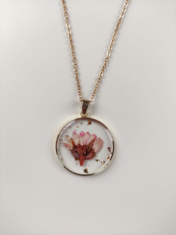 Stainless Steel Necklace with Light Pink Flower in Epoxy Resin