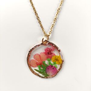 Irregular Epoxy Resin Circle with Multi-Colored Flowers, Stainless Steel Necklace