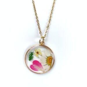 Stainless Steel Necklace with White Daisy and Colorful Flowers in Epoxy Resin